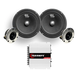 Combo Woofer Medios 8 + Potencia 4 Canales + Par Tweeter Car Negro Y Gris