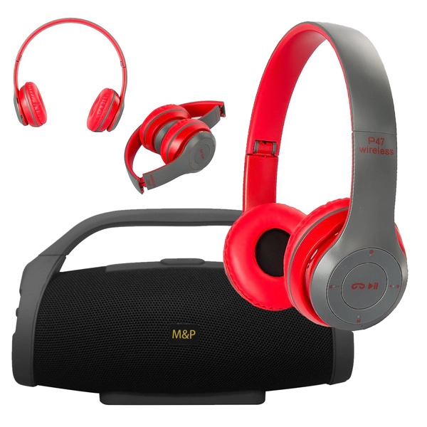 COMBO PARLANTE MYP PORTATIL BS 218 NEGRO + AURICULARES MYP P47 BLUETOOTH ROJO