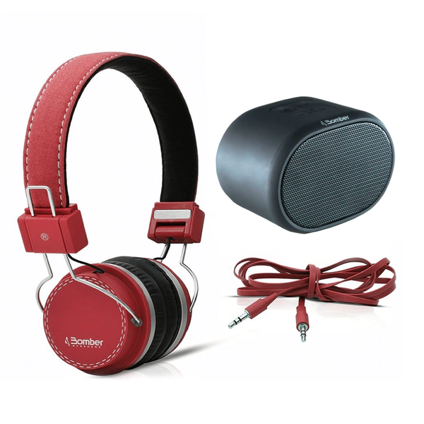 COMBO AURICULARES BOMBER QUAKE HB02 ROJO + PARLANTE PORTATIL MY BOMBER 2 BLUETOO