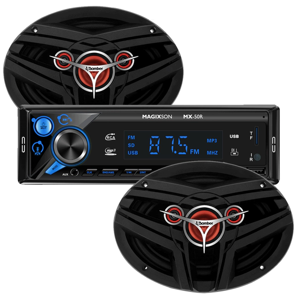 COMBO REPRODUCTOR MAGIXSON 1 DIN MX-50B + PARLANTES BOMBER CUATRIAXIAL 6X9 BBMAX