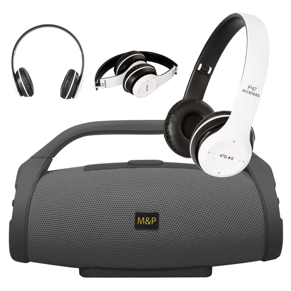 COMBO PARLANTE MYP PORTATIL BS 218 GRIS + AURICULARES MYP P47 BLUETOOTH BLANCO
