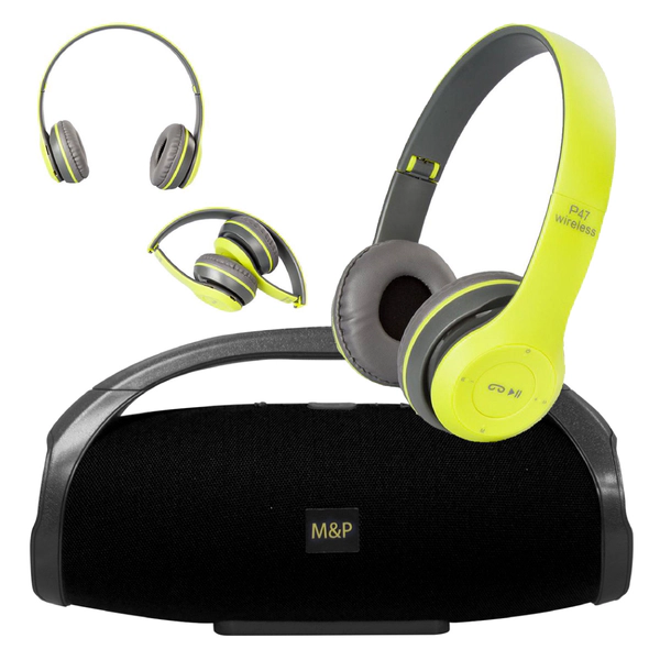 COMBO PARLANTE PORTATIL BS 888 NEGRO + AURICULARES MYP P47 BLUETOOTH VERDE