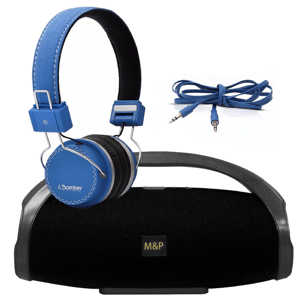 COMBO PARLANTE PORTATIL BS 888 NEGRO + AURICULARES BOMBER HB02 AZUL