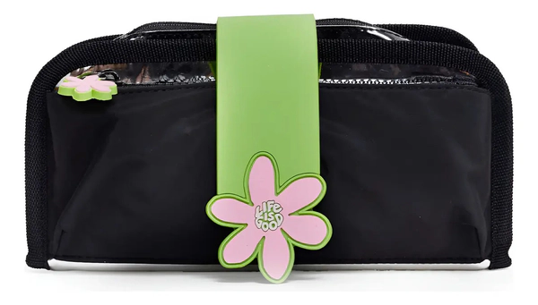 Cartuchera Escolar Metalizada C/ Glitter Aplique Flor Zaphir