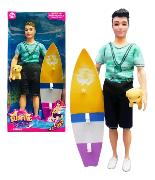 Muñeco Simil Ken Articulado 30 Cm Con Tabla De Surf Y Perro