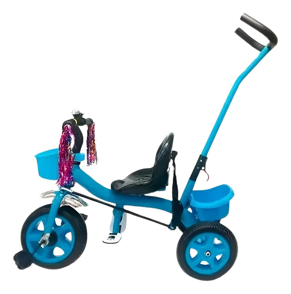 Triciclo Con Timbre Y Manija Direccional Doble Canasto CELESTE