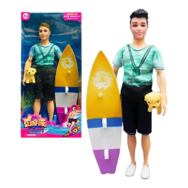 Muñeco Simil Ken Articulado 30 Cm Con Tabla De Surf Y Perro
