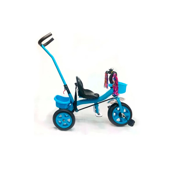 Triciclo Con Timbre Y Manija Direccional Doble Canasto CELESTE