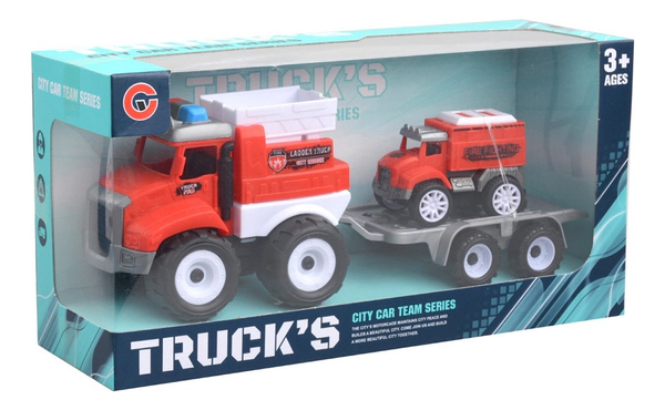 Camión Remolque Bombero Friccion Con Auto Con Escalera