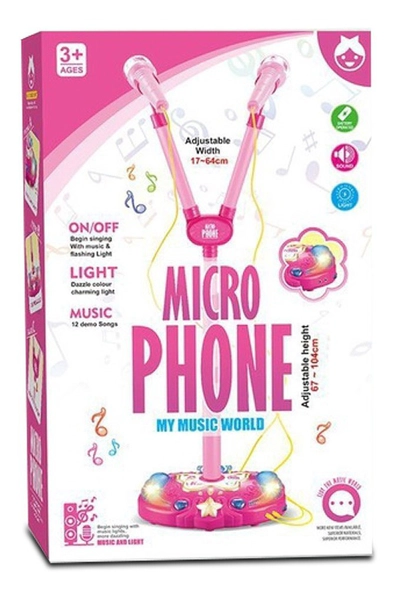 Micrófono Infantil Doble Con Pie Karaoke Rosa 100cm Sonidos