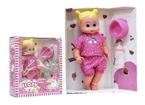Muñeca Bebe Flopy Toma Mamadera Y Hace Pis Cariñito