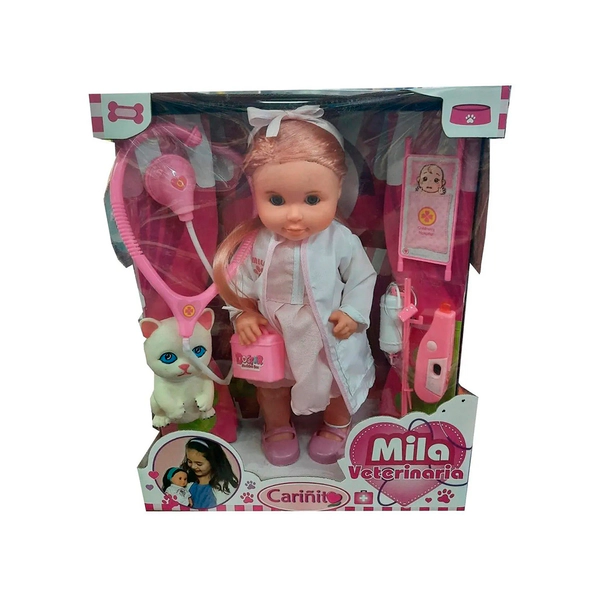 Muñeca Mila Veterinaria de Cariñito 30cm Incluye Mascota Y Accesorios