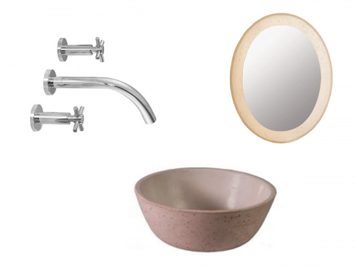 Bacha Travertino +Espejo Oval Travertino y griferia de pared