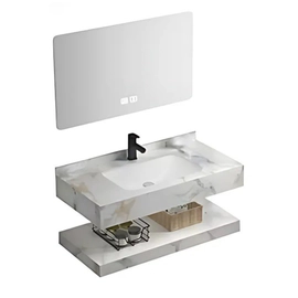 Vanitory Uhome con bacha estante y espejo led marmol blanco RO-131-80