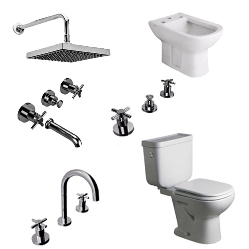 Juego baño Sanitarios Ferrum y set Griferias Hidromet Dcuad