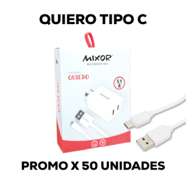 CARGADOR MIXOR QUIERO 5,1 AMP CABEZAL 2 USB+ CABLE TIPO C PROMO X 50U
