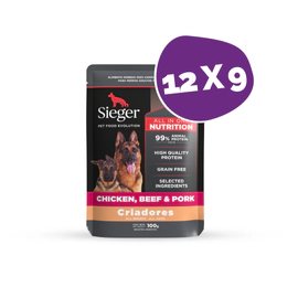 Pouch Sieger Criadores Perro Adulto Pollo Carne y Cerdo 100g Pack X 12