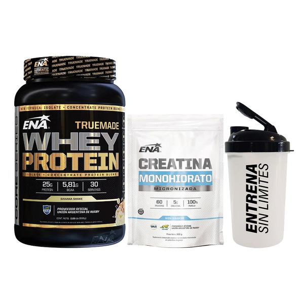 Combo Ena Proteína Truemade Whey 2,05 Lb+Creatina Micronizada 300 Gr+Vaso Shaker