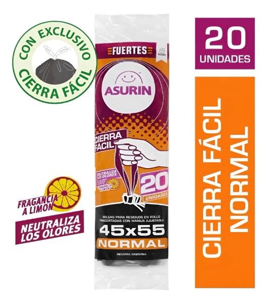 Bolsa Residuos Asurin Negra Con Cierra Fácil 45x55cm 20un