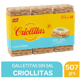 Criollitas Sin Sal Galletitas De Agua Bagley 3 Un X 507 Gr