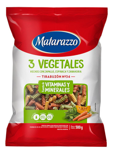 Fideos Matarazzo 3 Vegetales Tirabuzón N°34 500 Gr