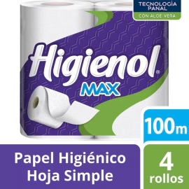Higienol Papel Higienico Max 100 mts x 4 Unidades Con Aloe Vera.