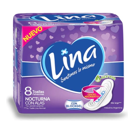 Toallitas Femeninas Lina Nocturna Con Alas 8 Unidades