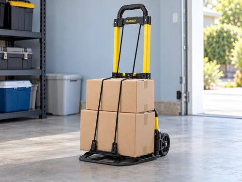 Carro Stanley con cajas en un garaje