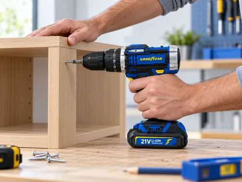 Taladro Goodyear durante el armado de un mueble