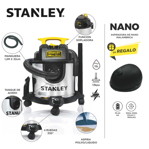 Aspiradora Stanley 15l + Mini Aspiradora Nano De Regalo Fs Gris Oscuro