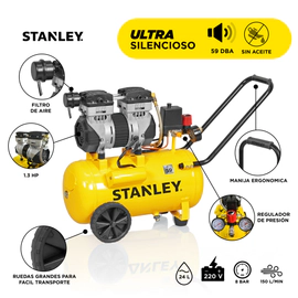 Compresor De Aire 24 Lts Stanley Super Silencioso 1.3 Hp 8 Bar