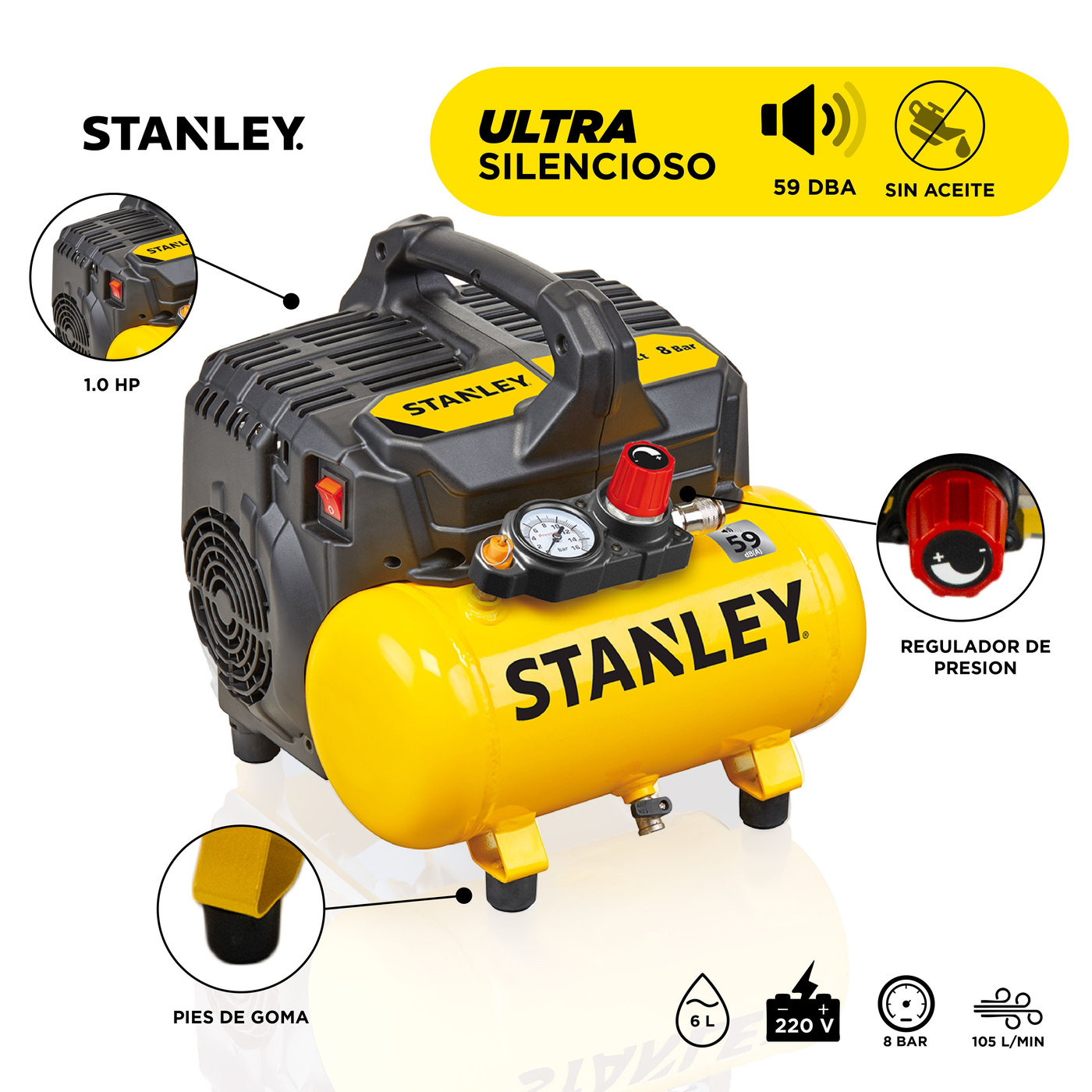 Compresor Stanley Fatmax - Silencioso (59 DB), 1.5 HP, 8 Bar, Tanque 6 Litros, Perfecto Para Taller O Bricolaje
