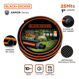 Manguera Riego Black + Decker 1 25m Reforzada Pvc Virgen Negro/naranja