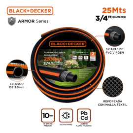 Manguera Riego Black + Decker 3/4 25m Reforzada Pvc Virgen Negro/naranja