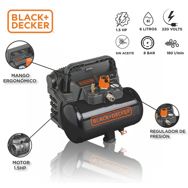Compresor Aire Black+decker 6L 1.5HP 180L/min Negro Monofásico