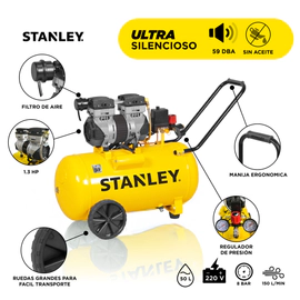 Compresor De Aire 50 Lts Stanley Super Silencioso 1.3 Hp 8 Bar