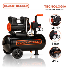 Compresor Aire Black+Decker 24L 1.5HP Silencioso Negro 50Hz