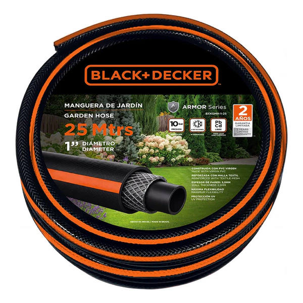 Manguera Riego Black + Decker 1 25m Reforzada Pvc Virgen Negro/naranja