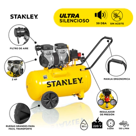 Compresor De Aire 50 Lts Stanley Super Silencioso 2 Hp 8 Bar