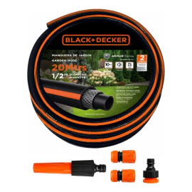 Manguera Riego Black+Decker 1/2" 20m Reforzada PVC Kit Negro/Naranja