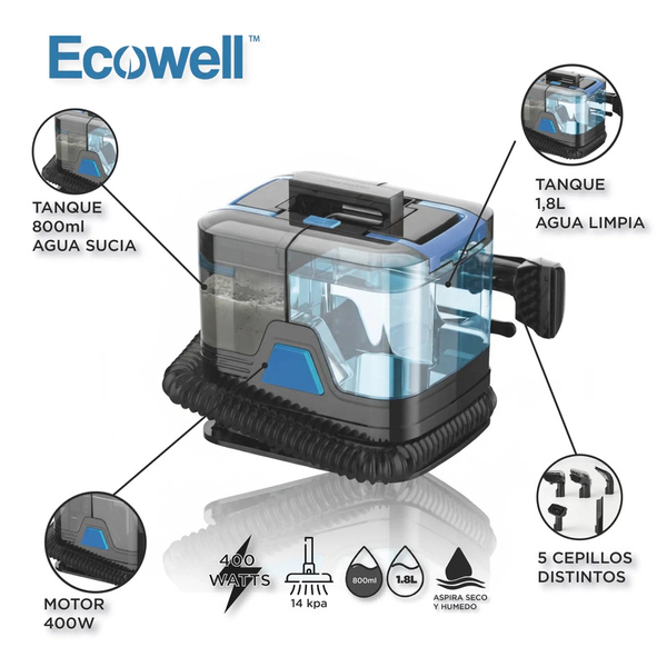 Aspiradora Limpia Tapizados Ecowell 400w Seco/liquidos Fs Gris