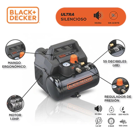 Compresor Aire Black + Decker 6L Super Silencioso 1HP 100L/min Sin Aceite