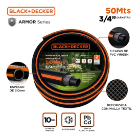 Manguera Riego Black+Decker 3/4 50m Reforzada PVC Virgen Naranja
