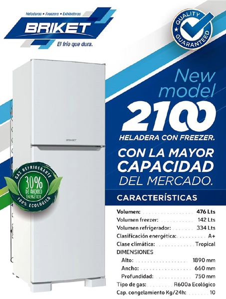 Heladera Briket Bk2f 2121 Freezer Silver Inox 476lt Clase A