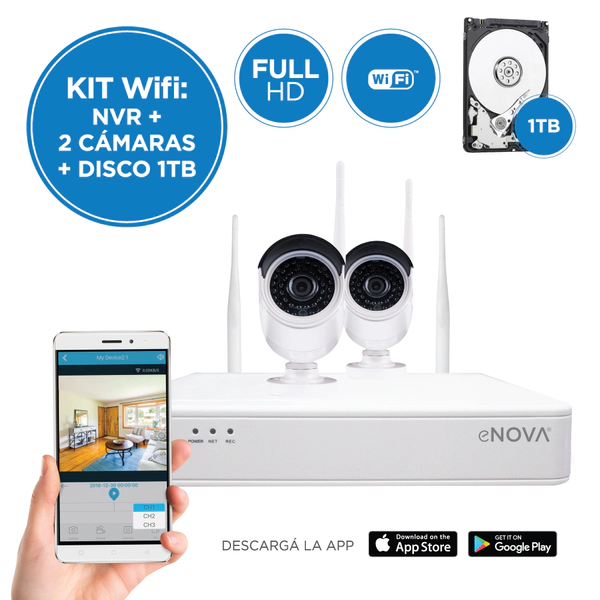 Combo camara seguridad eNova wifi NVR 8CH + 2 CAM 1080p + 1TB