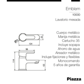 Griferia Monocomando Baño Piazza Emblem Mesada