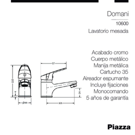 Griferia Piazza Domani Lavatorio mesada 10600 CR