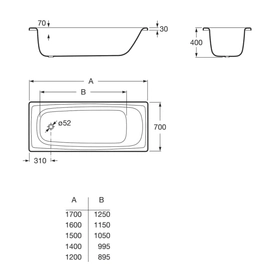 Bañera Roca 170x70x39.7 sacha acero antideslizante blanca
