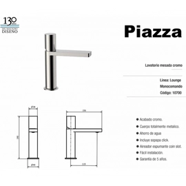 Griferia Lavatorio Monocomando Lounge Mesada Cromo Piazza 10700