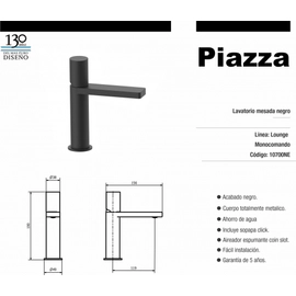 Griferia Lavatorio Monocomando Lounge Mesada Negro Piazza 10700Ne